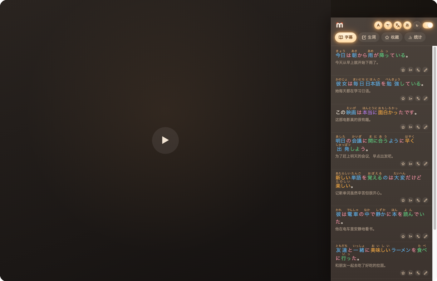 mimikatsu 字幕侧栏截图：暗夜暖光风格，日语字幕配中文翻译，あ 按钮点亮表示注音已开启
